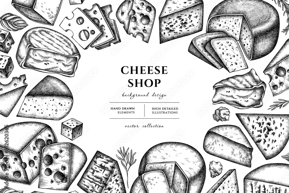 Cheese hand drawn illustration design. Background with sketch brie, gouda cheese, roquefort, etc.