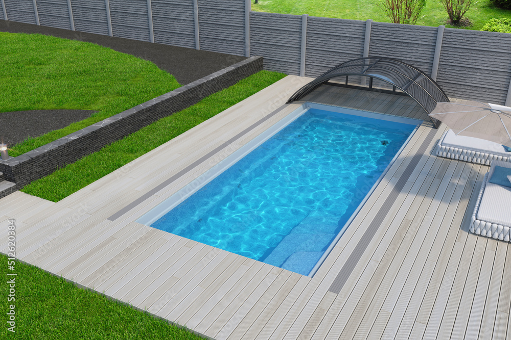 Residential pool deck design, 3D aerial illustration