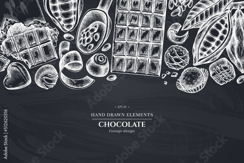 Monochrome design with chalk cocoa beans, cocoa, chocolate, chocolate candies