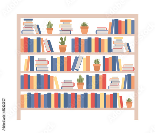 Bookcase with books and potted plants. Book shelve with colored book spines. Book store. Library concept. Vector flat illustration 