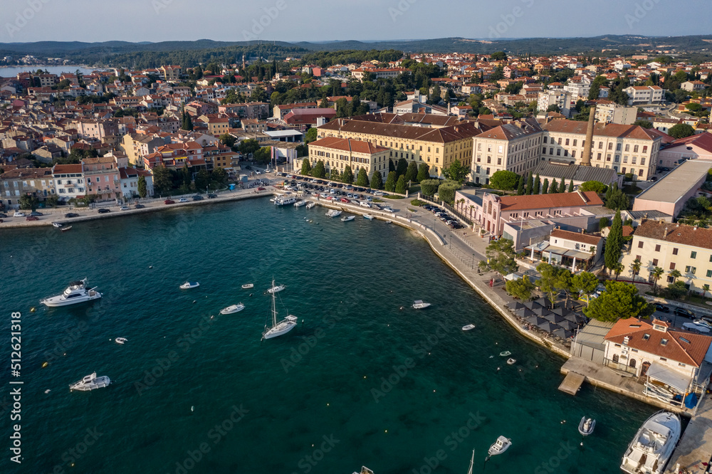 Aerial view of the coastline of Rovinj old city with the old port of Rovinj in summer, Croatia