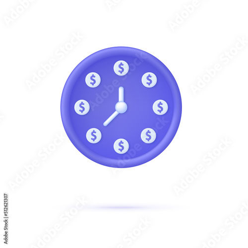 3D Time is money concept. Dollar coin with clock. Long term investment, financial future planning, pension savings fund, financial solutions, payment terms, time management.