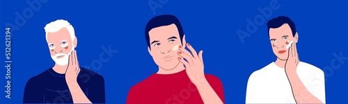 Men's skincare illustration using toner, face serum, and face cream.