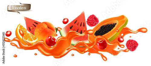 Red fruit juice splash wave. Whole and sliced strawberry, raspberry, cherry, papaya, watermelon, orange in a sweet syrup wave with splashes and drops isolated on transparent background. 3D. Vector.