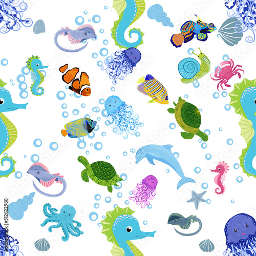 Marine life, fish, animals bright seamless pattern. sea travel, underwater diving animal tropical fish. Jellyfish, whale, shark, seahorse, clown fish, dolphin, turtle, emperor