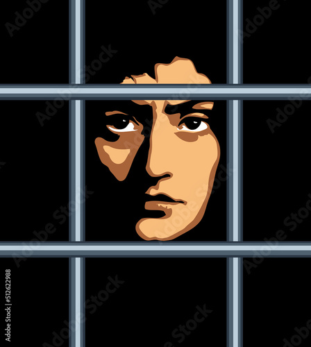 A man in prison behind bars. Vector drawing