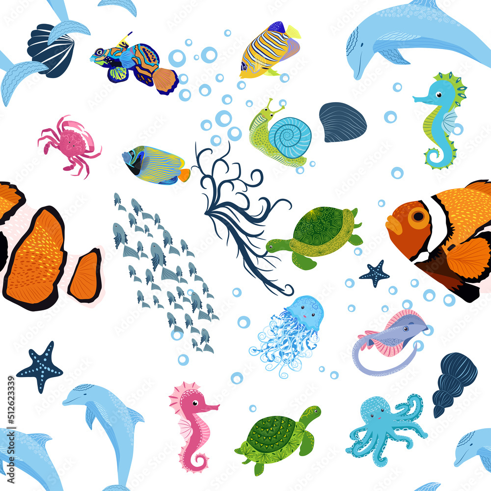 Sea inhabitants seamless pattern, beautiful character among seashells, seaweed, starfish, sea animals wildlife Sea inhabitants seamless pattern, beautiful character among seashells, seaweed, starfish, sea animals wildlife
