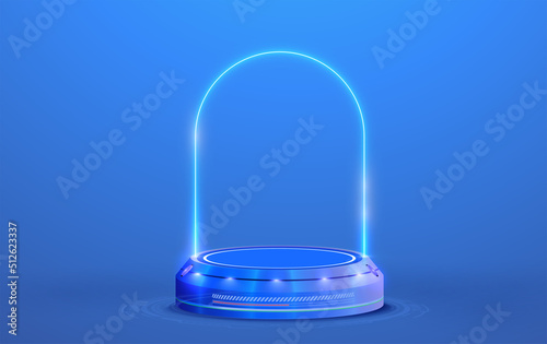 Circle portals, teleport, hologram gadget. Blank display, stage or magic portal, podium for show product in futuristic cyberpunk or hud style. Showcase with copy space. Blue circle neon lighting.