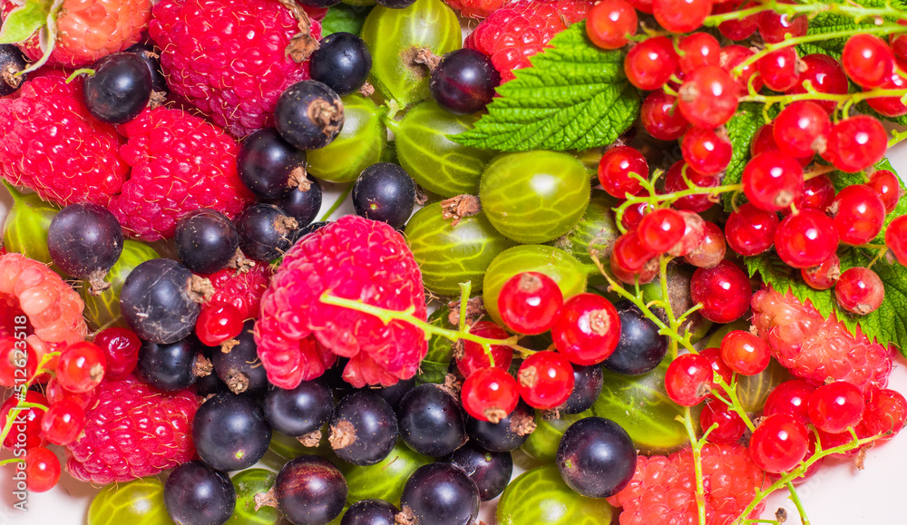 raspberries, currants, gooseberries, fresh fruits on a blue background raspberries, currants, gooseberries, fresh fruits on a blue background