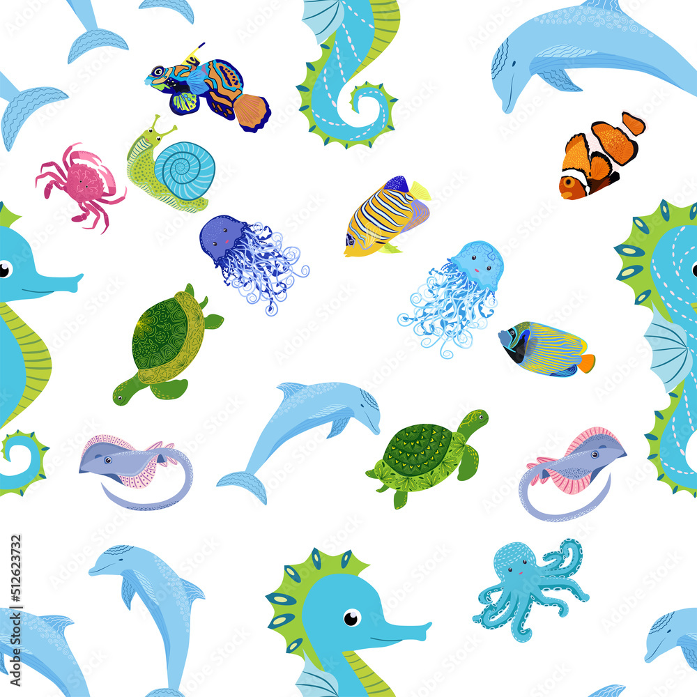 Obraz premium Sea inhabitants seamless pattern, beautiful character among seashells, seaweed, starfish, sea animals wildlife