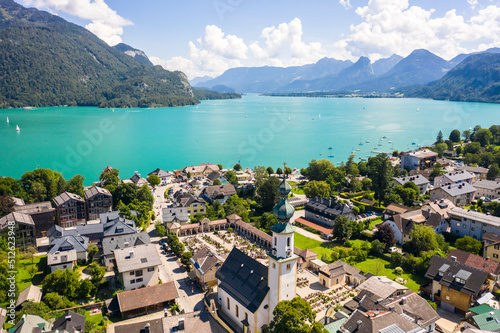 Aerial of Saint Gilgen (Sankt Gilgen) on Wolfgangsee lake, Austria photo