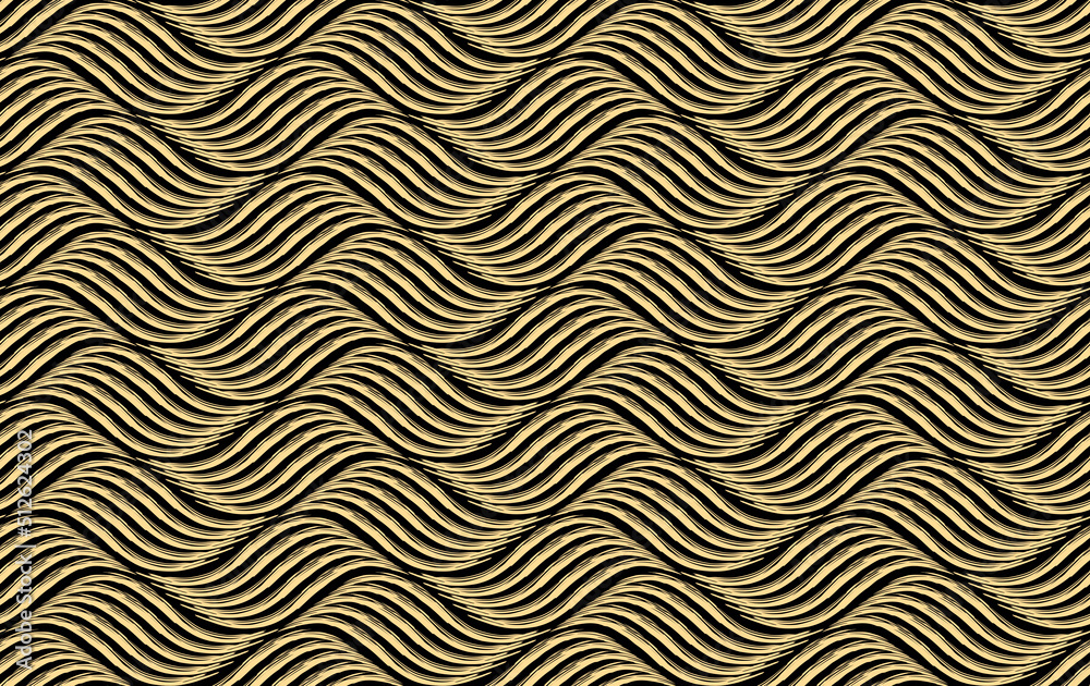 The geometric pattern with wavy lines. Seamless vector background. Gold and black texture. Simple lattice graphic design