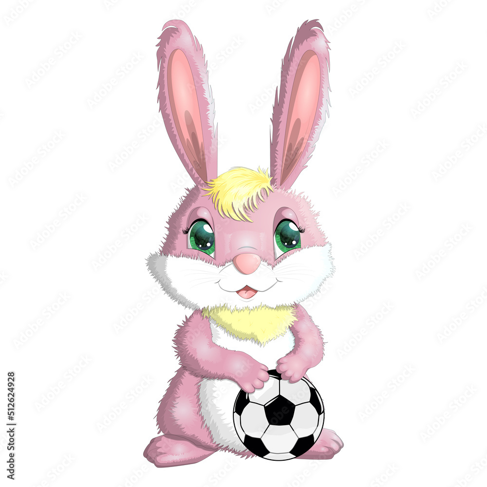 Cartoon rabbit, hare with a football ball. Cute childish character, symbol of 2023 new chinese year