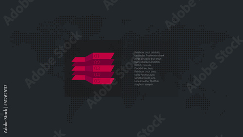 Vector infographic elements for business, presentation, web design, landing page, template, sample text. 5 steps with world map dotted background. Gray pink illustration
