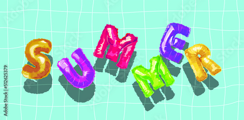 inscription summer in the form of inflatable letters floating in the pool! bright summer banner, horizontal poster, hat for website or social networks