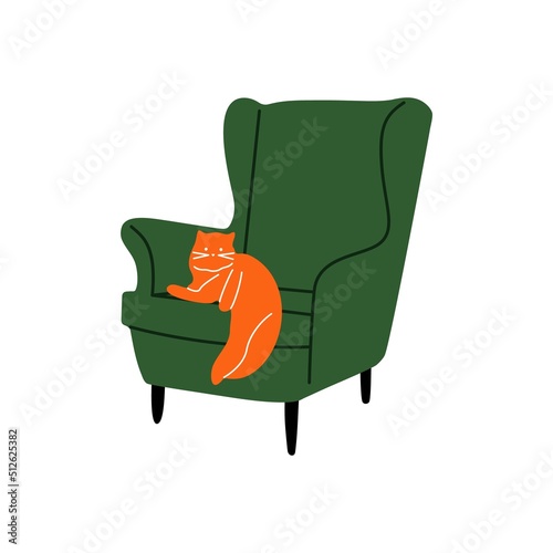 Red cat on comfy chair. Cat sleeping cozy armchair, happy playful pet, domestic animal drawing. Vector modern abstract art