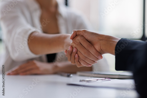 Business man offer and give hand for handshake in office. Successful job interview. Apply for loan in bank. Salesman, bank worker or lawyer shake for deal, agreement or sale. Increase of salary.