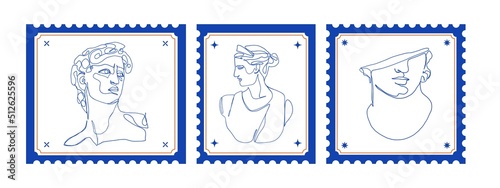 Stamps greek ancient gods. Postage frame stickers greece mythology one line arts, vintage statue sketches. Vector set