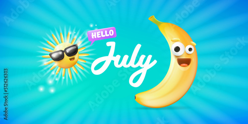 Fototapeta Naklejka Na Ścianę i Meble -  hello July horizontal banner with cartoon sun and funky banana character isolated on summer turquoise background. Vector 3d clay horizontal hello july scene, poster, flyer, banner and background