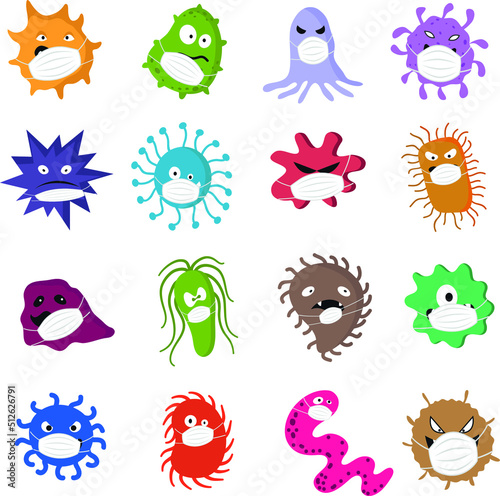 Funny virus wearing masks to prevent vaccine, bacterias wearing masks, colorful virus characters, evolved bacteria
