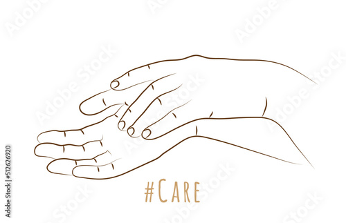 Two female hands in realistic gesture of stroking, rubbing and applying to skin moisturizing cream. Hands skincare concept. Care product, skin nutrition, protection of hands. Sketch, linear drawing