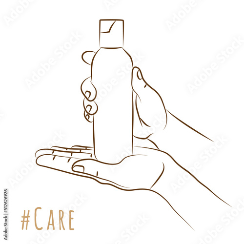 Hands in realistic gesture hold bottle of moisturizing lotion. Concept of delicate skin cleansing, make-up removal. Natural cosmetics skincare for men and women of all ages. Sketch, linear drawing