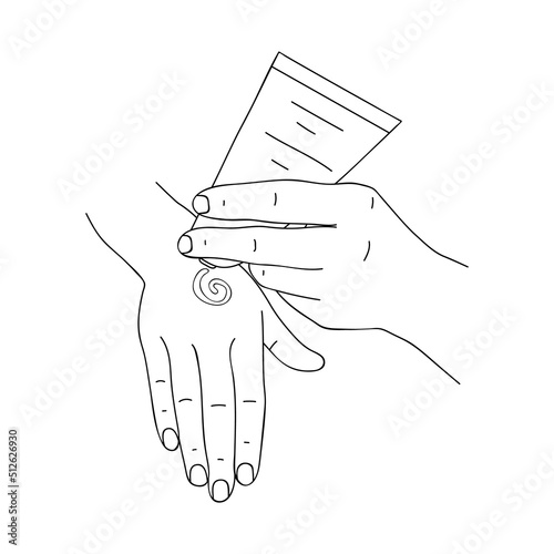 Hand in realistic gesture applies cream from tube to other hand. Female hands of stroking and rubbing to skin moisturizing cream. Taking care of your health, beauty and youth. Sketch, linear drawing