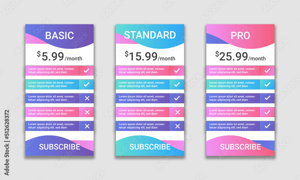 Clean simple pricing table template, Creative vector illustration of business plans, Art design modern banner list, web comparison pricing table template for website