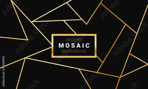 Mosaic abstract geometric background in gold colors against a black background.