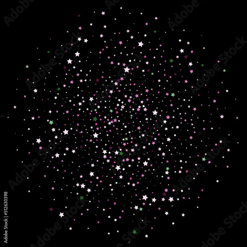 Falling confetti stars. Black, white colors. Blotches of bright stars. Festive background. Abstract texture on a black background. Vector illustration, eps 10