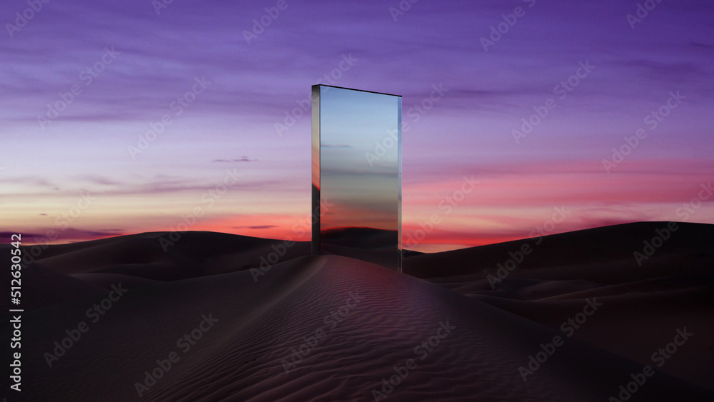 door to heaven, portal in the desert, render window in the desert - obrazy, fototapety, plakaty 