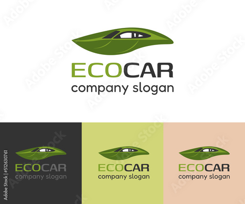 Eco car logo for branding identity, corporate vector logo design template, green auto in leaf, isolated with  inscription.  Environment protection eco transport symbol for green economy company.