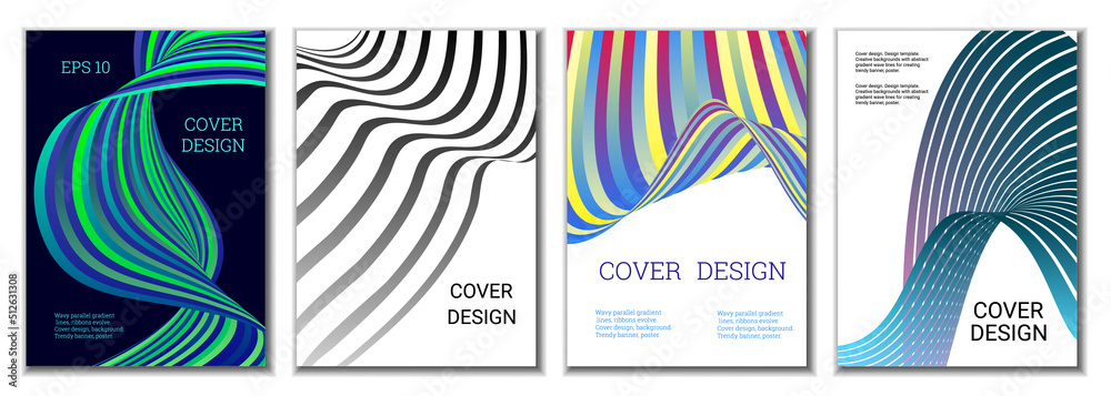 A set of 4 abstract covers. Wavy parallel gradient lines, ribbons evolve. Cover design, background. Trendy banner, poster. A set of 4 abstract covers. Wavy parallel gradient lines, ribbons evolve. Cover design, background. Trendy banner, poster.