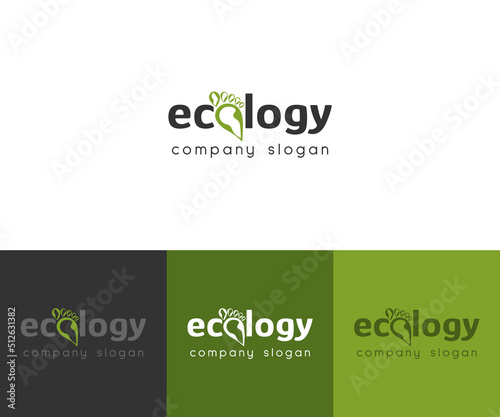 Logo design of ecology environment, flat vector of a green carbon footprint and inscription. Logo for branding identity, corporate vector design template. Concept of save the ecology environment.