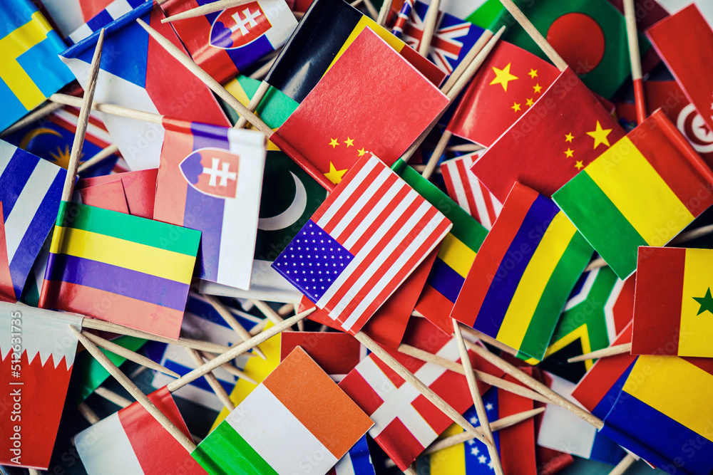 Close up of colorful paper flags of world nations. 