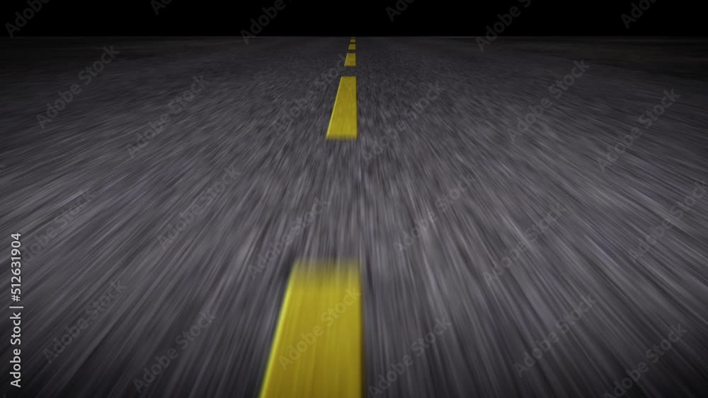 Fast driving on the night road - moving from side to side - computer generated loopable animation. Broken yellow lines in the center of the road. Seamless looping animation.