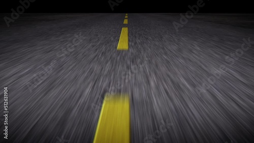 Fast driving on the night road - moving from side to side - computer generated loopable animation. Broken yellow lines in the center of the road. Seamless looping animation.