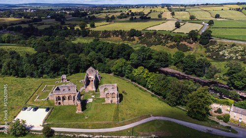 An aerial view of the ruins of Egglestone Abbey near Barnard Castle in County Durham, UK photo