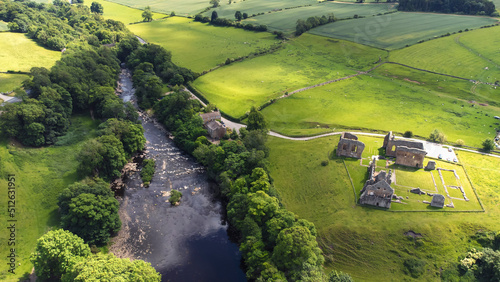 An aerial view of the ruins of Egglestone Abbey near Barnard Castle in County Durham, UK photo