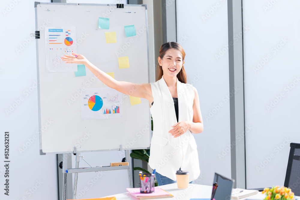 An Asian businesswomen is presenting his company performance report to his boss or group of male and female colleagues with confidence and professionalism. An Asian businesswomen is presenting his company performance report to his boss or group of male and female colleagues with confidence and professionalism.