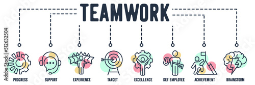 Teamwork banner web icon. progress, support, experience, target, excellence, key employee, achievement, brainstorm vector illustration concept.