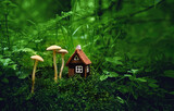 Toy house and mushrooms on moss in mystery forest, dark natural background. Symbol of family. Eco Friendly Home. Fairy tale house in beautiful green woodland, pixie and elf home. atmosphere image