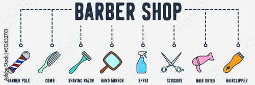 Barber Shop web icon. comb, shaving razor, hand mirror, spray, scissors, hair dryer, hair clipper vector illustration concept.