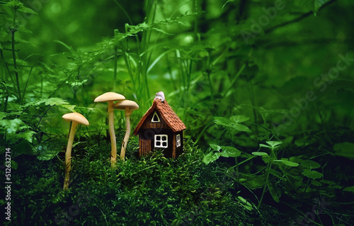 Toy house and mushrooms on moss in mystery forest, dark natural background. Symbol of family. Eco Friendly Home. Fairy tale house in beautiful green woodland, pixie and elf home. atmosphere image