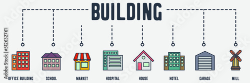 Building web icon. message, office building, school, market, hospital, house, hotel, garage, windmill vector illustration concept.