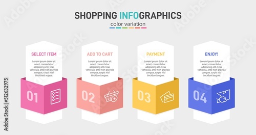 Concept of shopping process with 4 successive steps. Four colorful graphic elements. Timeline design for brochure, presentation, web site. Infographic design layout.