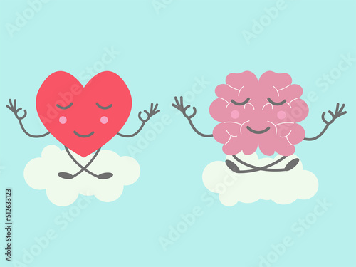 Funny heart and smiling brain meditation. Balance of mind and feelings concept. Flat vector illustration