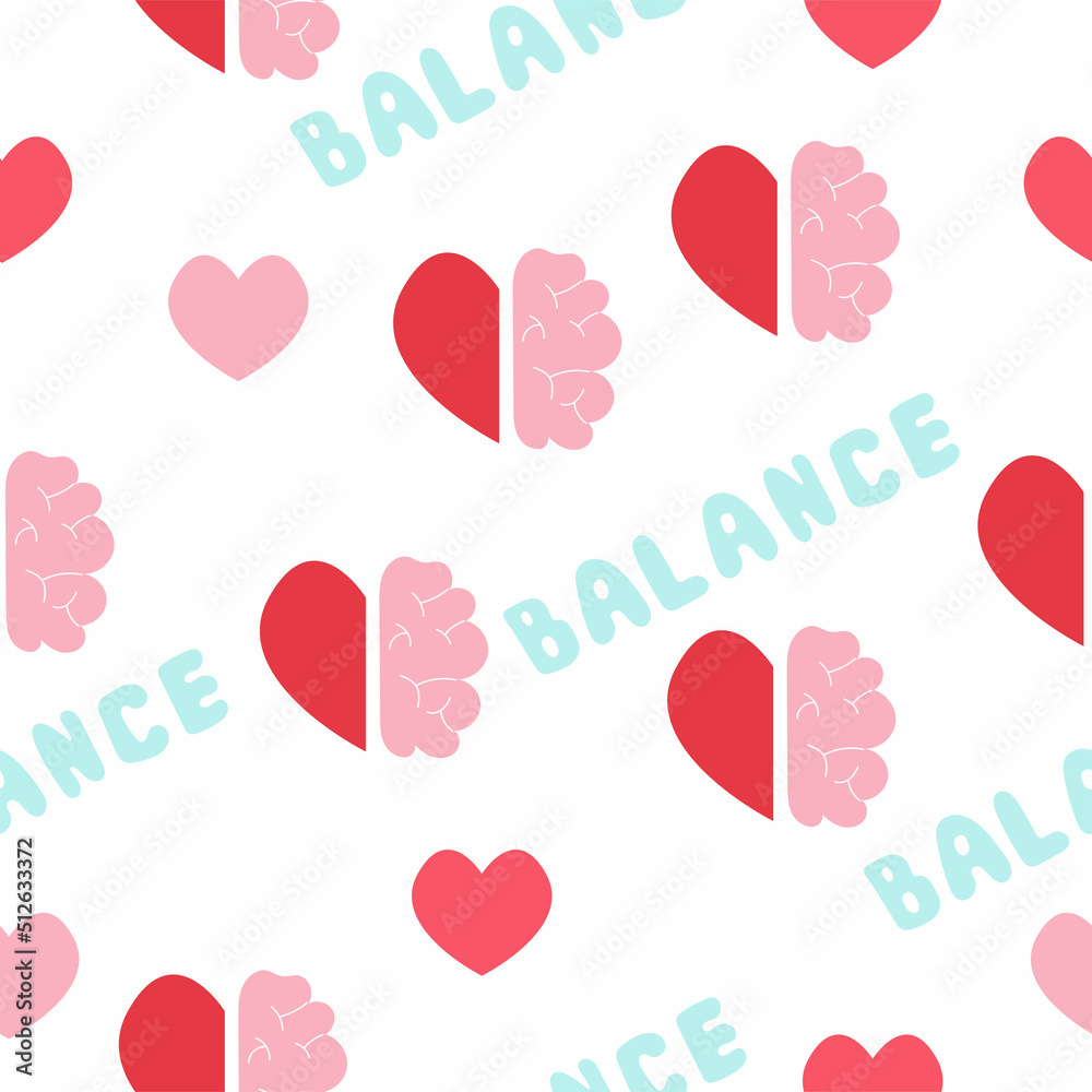  Heart and brain seamless pattern. Balance of mind and feelings concept. Flat vector illustration