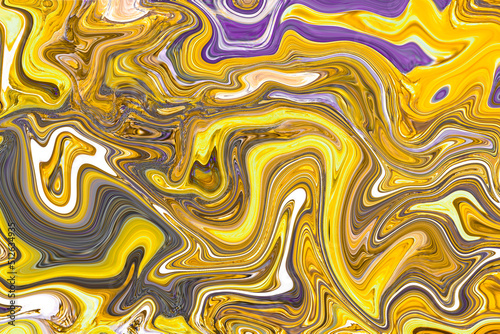 Liquid art background yellow, okra, violet colors. Liquid marble. Acrylic painting on canvas with gradient. Copy space for text, design art work. Painting high resolution texture, backdrop. Fluid art