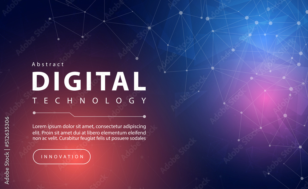 Obraz premium Digital technology banner pink blue background concept with technology line light effect, abstract tech, innovation future data, orange sky color, big data, lines dots connection, illustration vector